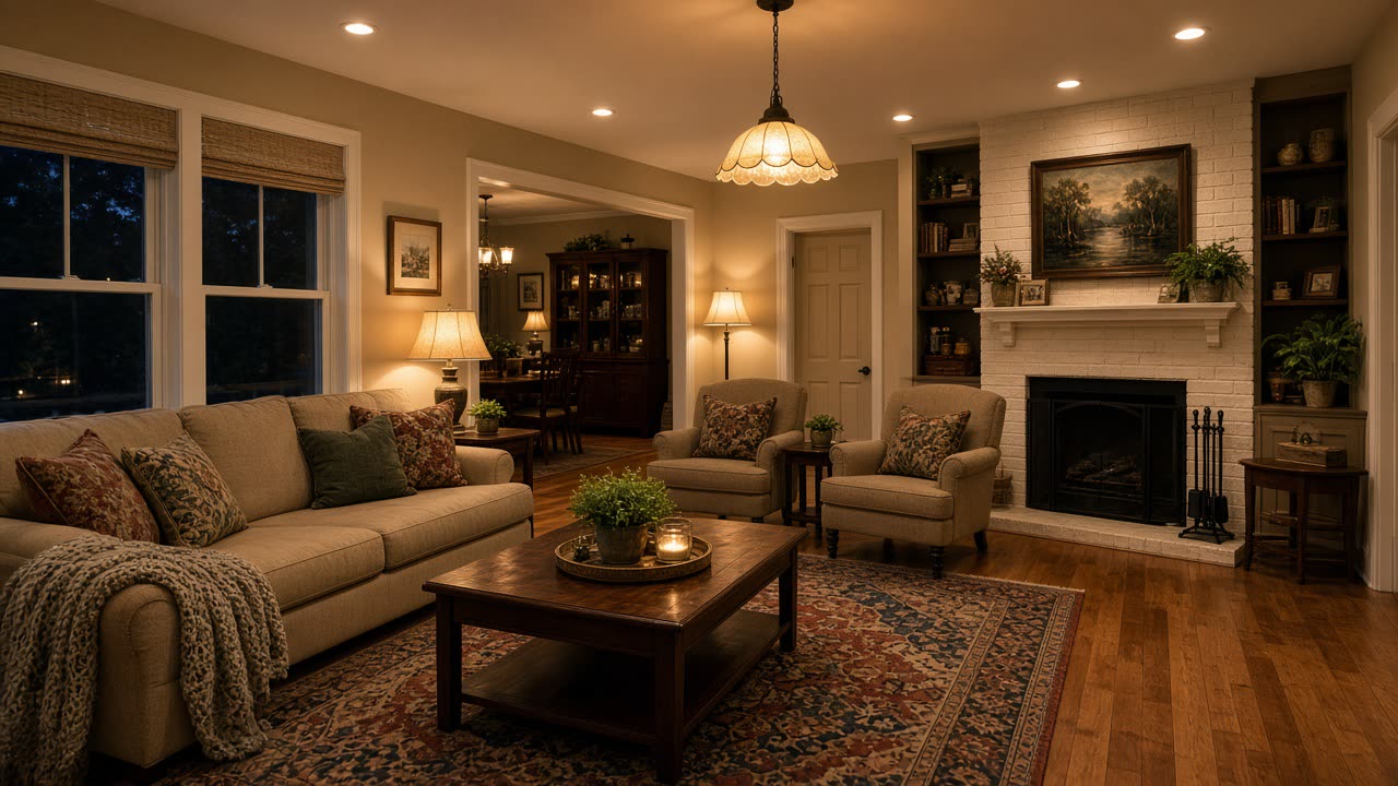 The same living room with lights on (illustration)